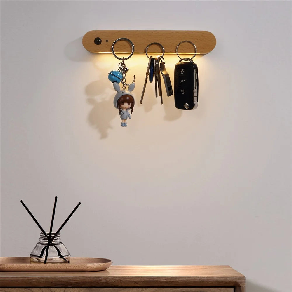 NO-HB012 Rechargeable Wooden Sensor Night Light LED Bedroom Wall Night Lamp Magnetic Key Holder Cabinet Door Hanging Lamp - 3