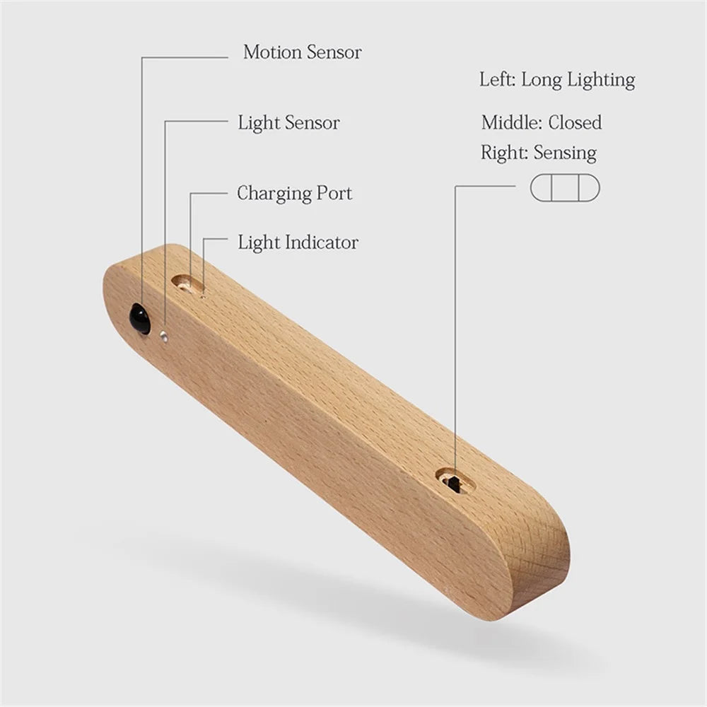 NO-HB012 Rechargeable Wooden Sensor Night Light LED Bedroom Wall Night Lamp Magnetic Key Holder Cabinet Door Hanging Lamp - 5