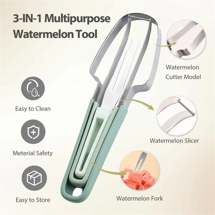 3-in-1 Watermelon Fork Slicer Cutter Stainless Steel Fruit Scooper Tool for Camping Kitchen Gadgets - Green - 7