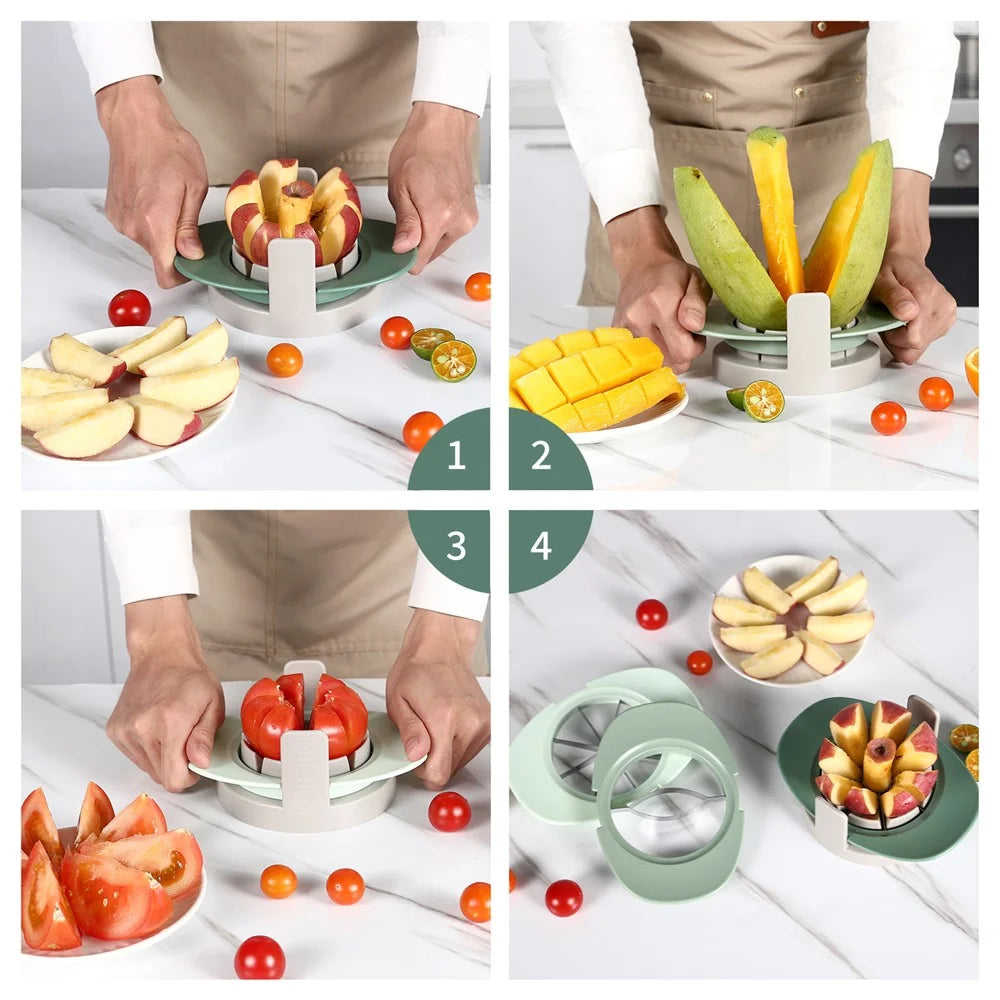 4Pcs Stainless Steel Fruit Cutter Detachable Apple Divider Tool Set Vegetable Splitter Versatile Slicer with Anti-Roll Base (No FDA) - Gradient Green - 2