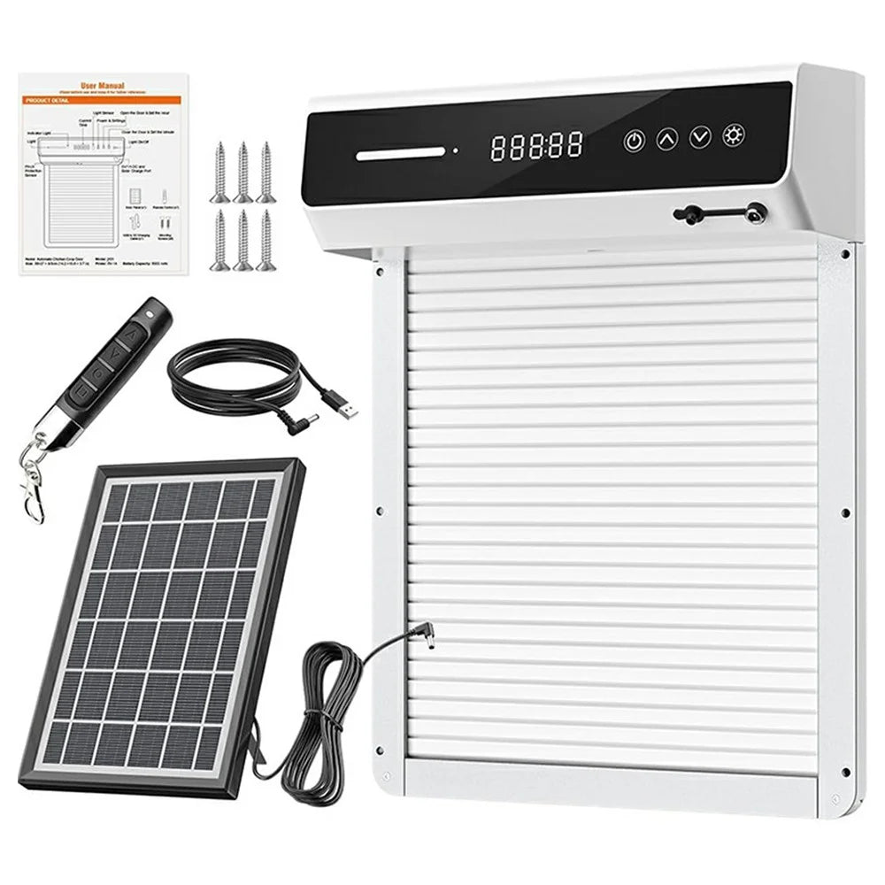 D1058 Solar Automatic Chicken Coop Door Opener 5000mAh Remote Control Anti-Pinch Digital Display Door Opener for Pet - White - 1