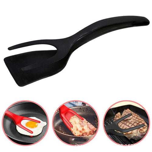 2-in-1 Clip Flip Spatula Fried Egg Steak Tongs Pancake Omelet Clamp Cooking Tongs Kitchen Tool (No FDA, BPA-free) - Black - 1
