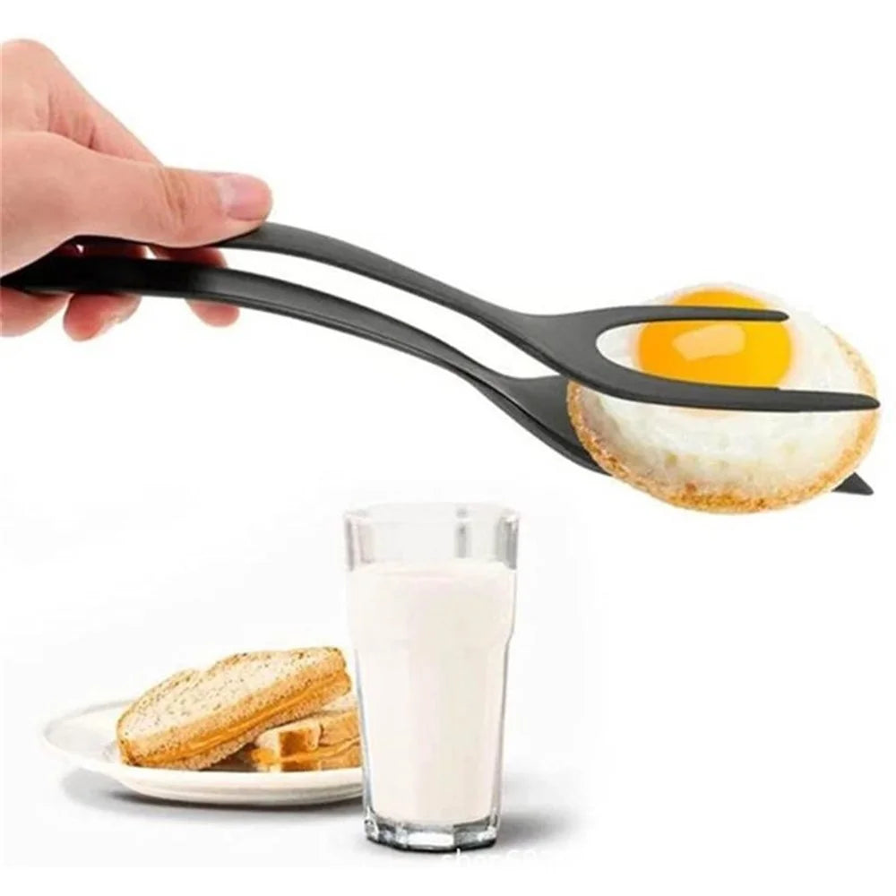 2-in-1 Clip Flip Spatula Fried Egg Steak Tongs Pancake Omelet Clamp Cooking Tongs Kitchen Tool (No FDA, BPA-free) - Black - 5