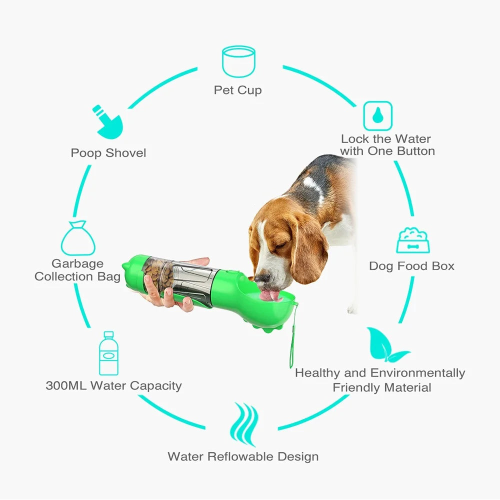 Portable Dog Water Bottle Pet Puppy Doggie Food Storage Box Gift (BPA-Free, FDA Certified, No Certification), with 300ML Water Bottle Gift+Poop Bag Dispenser+Food Storage Box Gift  - Green - 3
