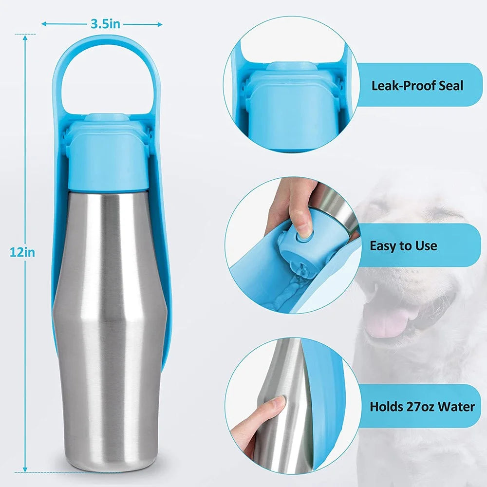 Pet Dog Outdoor Water Bottle Travel Stainless Steel Water Cup Portable Drinking Kettle ST (BPA Free, No Certificate) - Black - 5