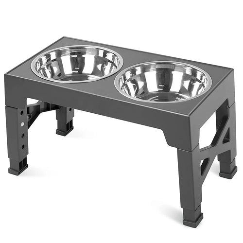 Pet Dog Puppy Bowl Raised 4 Adjustable Heights Stainless Steel Bowl + ABS Rack Holder Stand (BPA-Free, No Certified) - Grey - 1
