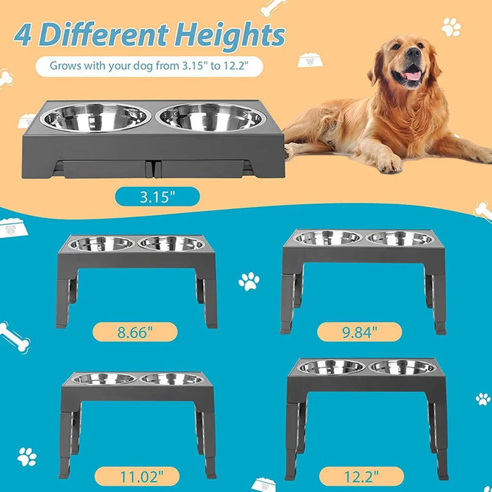 Pet Dog Puppy Bowl Raised 4 Adjustable Heights Stainless Steel Bowl + ABS Rack Holder Stand (BPA-Free, No Certified) - Grey - 2
