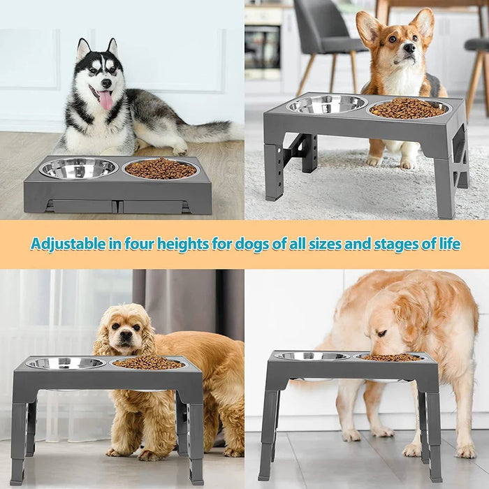 Pet Dog Puppy Bowl Raised 4 Adjustable Heights Stainless Steel Bowl + ABS Rack Holder Stand (BPA-Free, No Certified) - Grey - 6