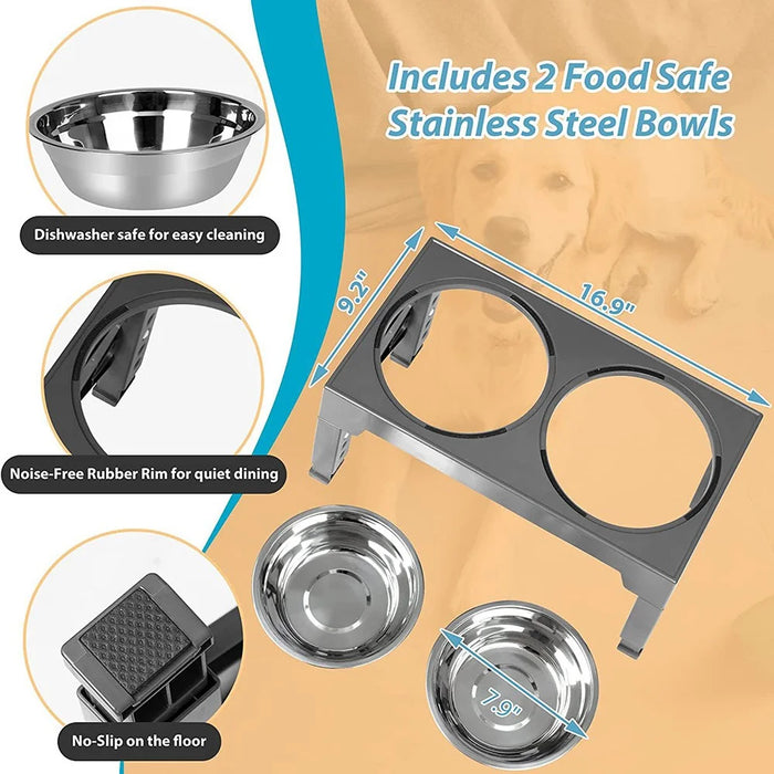 Pet Dog Puppy Bowl Raised 4 Adjustable Heights Stainless Steel Bowl + ABS Rack Holder Stand (BPA-Free, No Certified) - Grey - 7