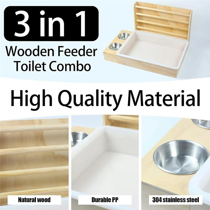 Wooden Hay Feeder for Small Pets Gift Detachable Feeding Rack Hamster House with 2 Bowls - 2