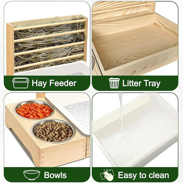 Wooden Hay Feeder for Small Pets Gift Detachable Feeding Rack Hamster House with 2 Bowls - 4