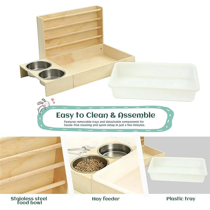 Wooden Hay Feeder for Small Pets Gift Detachable Feeding Rack Hamster House with 2 Bowls - 5