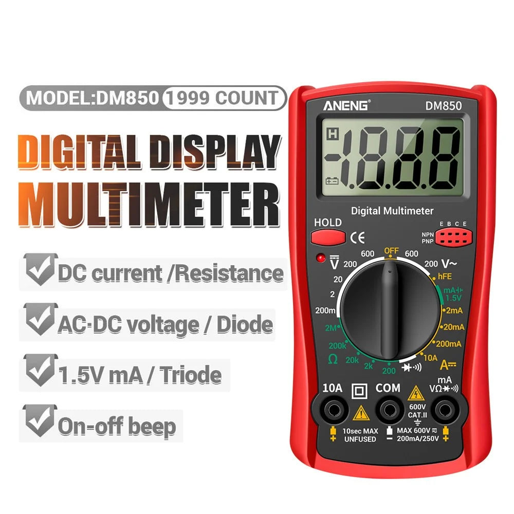 ANENG DM850 Digital Display Multimeter 1999 Counts Multimeter Tester Current Voltmeter Ammeter - Red - 2