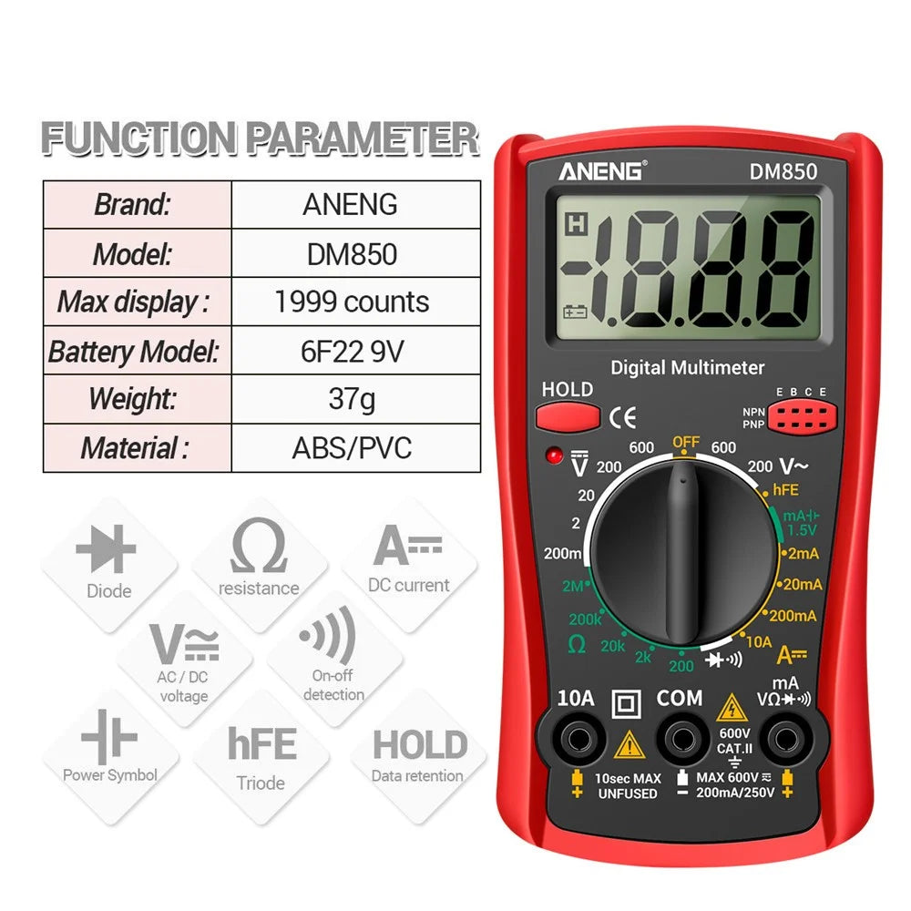 ANENG DM850 Digital Display Multimeter 1999 Counts Multimeter Tester Current Voltmeter Ammeter - Red - 3