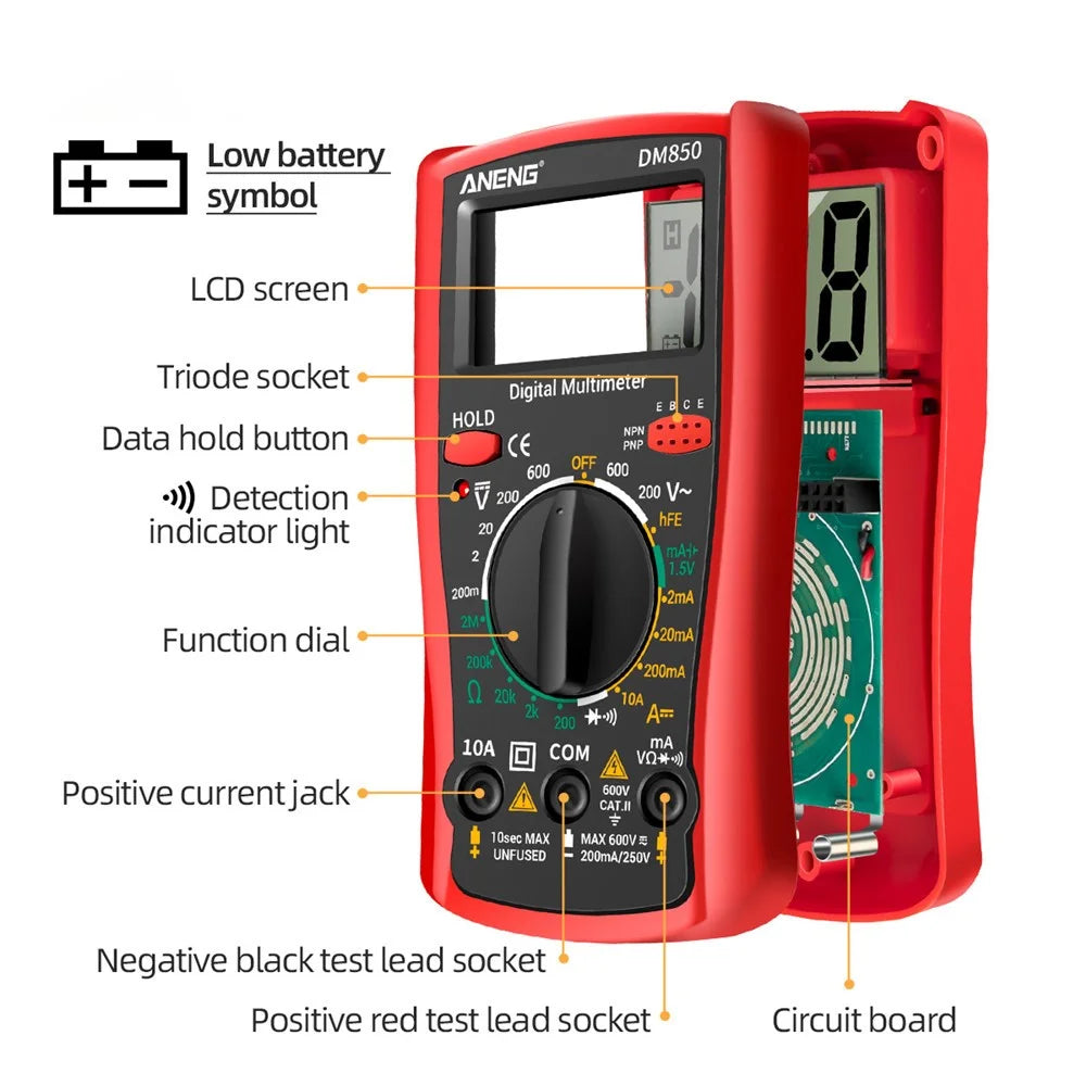 ANENG DM850 Digital Display Multimeter 1999 Counts Multimeter Tester Current Voltmeter Ammeter - Red - 6