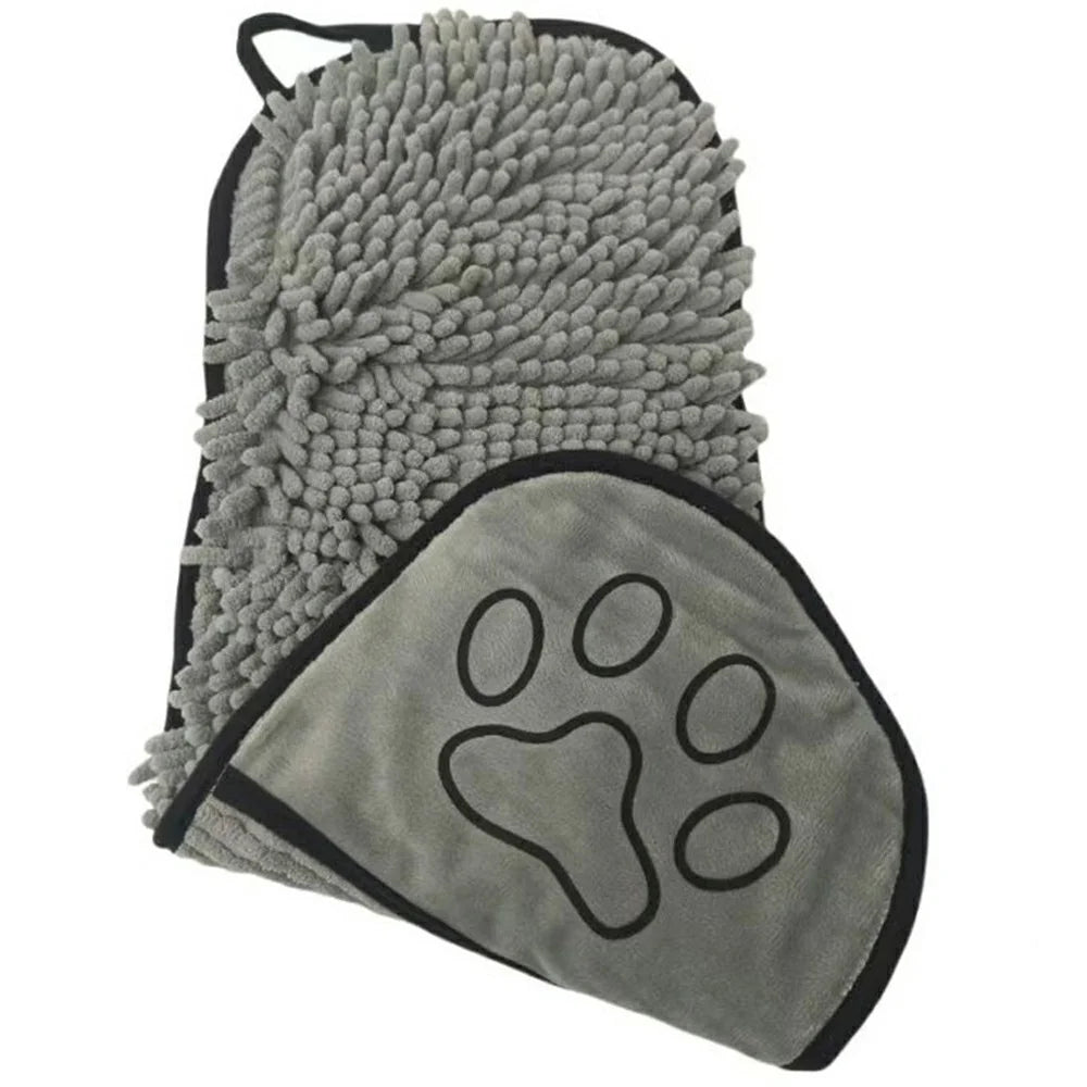 Pet Bath Chenille Towel Dogs Cats Ultra Absorbent Drying Towel with Side Pockets - Grey - 1