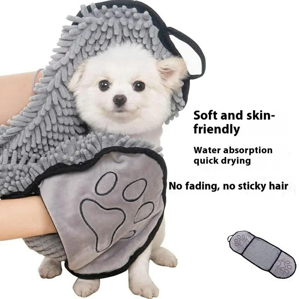 Pet Bath Chenille Towel Dogs Cats Ultra Absorbent Drying Towel with Side Pockets - Grey - 2