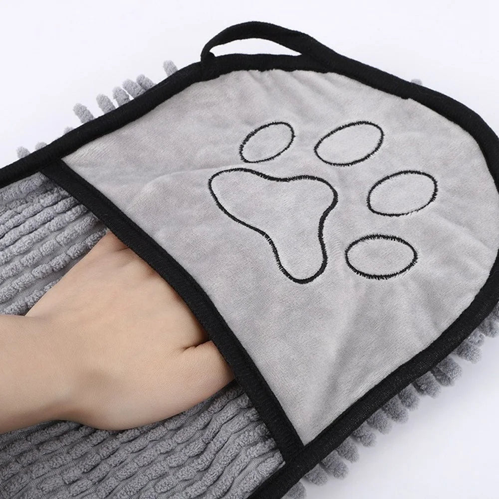 Pet Bath Chenille Towel Dogs Cats Ultra Absorbent Drying Towel with Side Pockets - Grey - 4