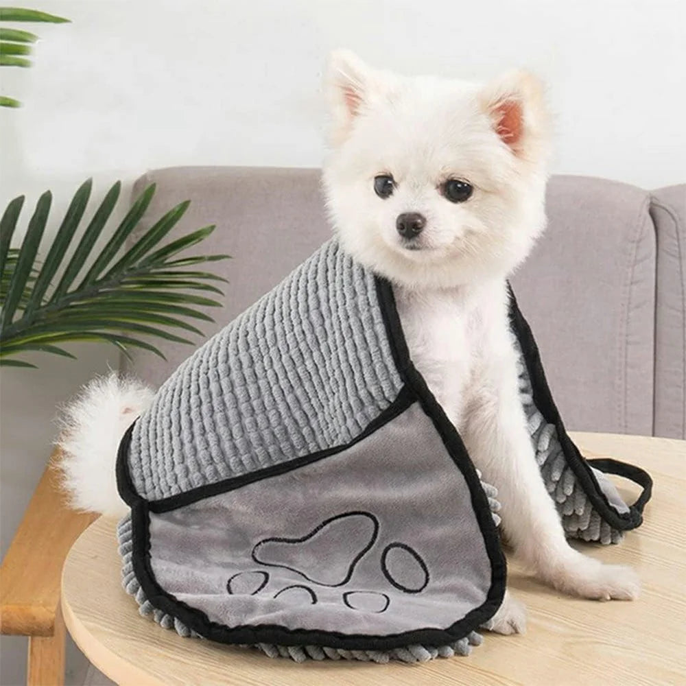 Pet Bath Chenille Towel Dogs Cats Ultra Absorbent Drying Towel with Side Pockets - Grey - 6