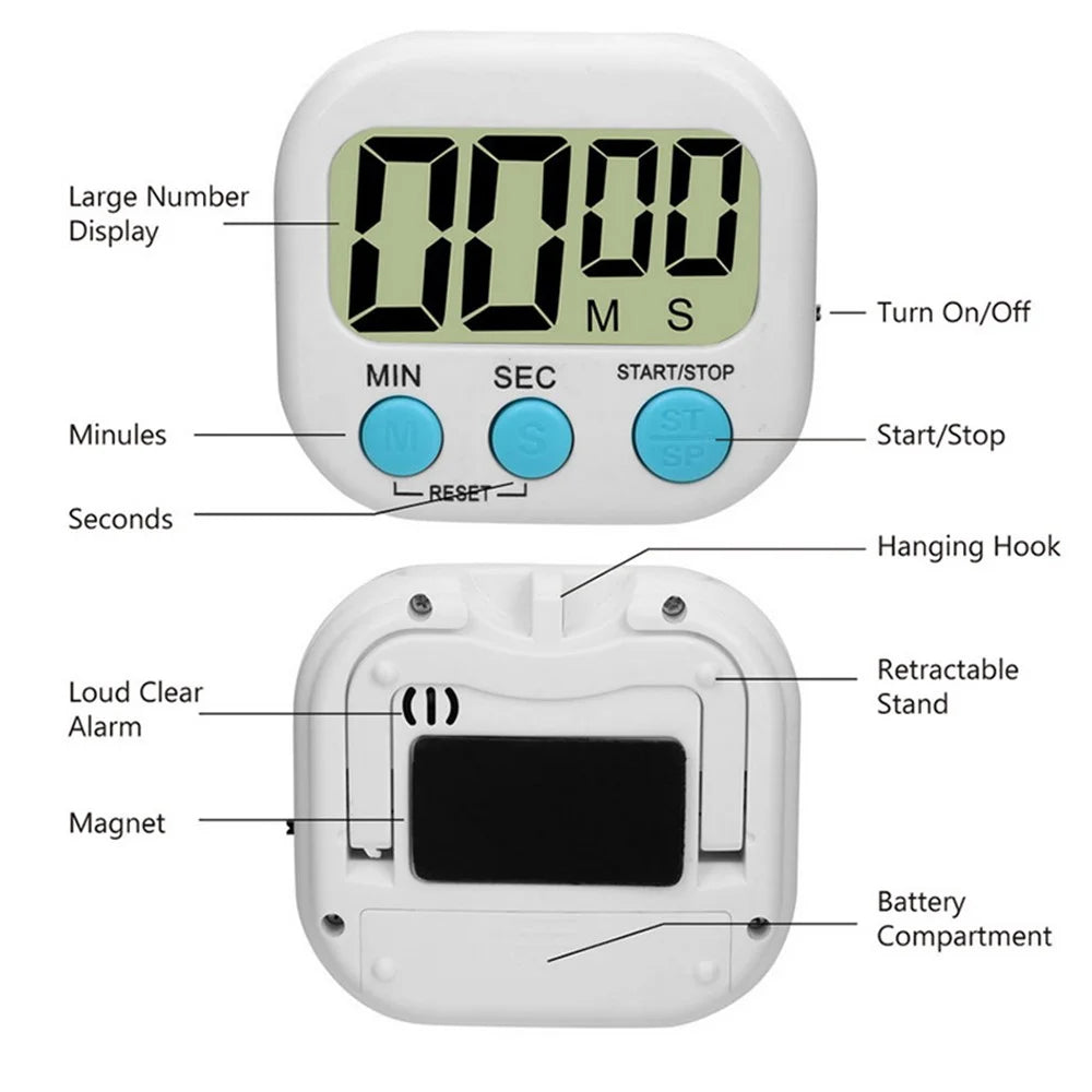 Digital Kitchen Timer Magnetic LCD Alarm Stopwatch Cooking Timer with Stand for Baking Sports Games - White - 3