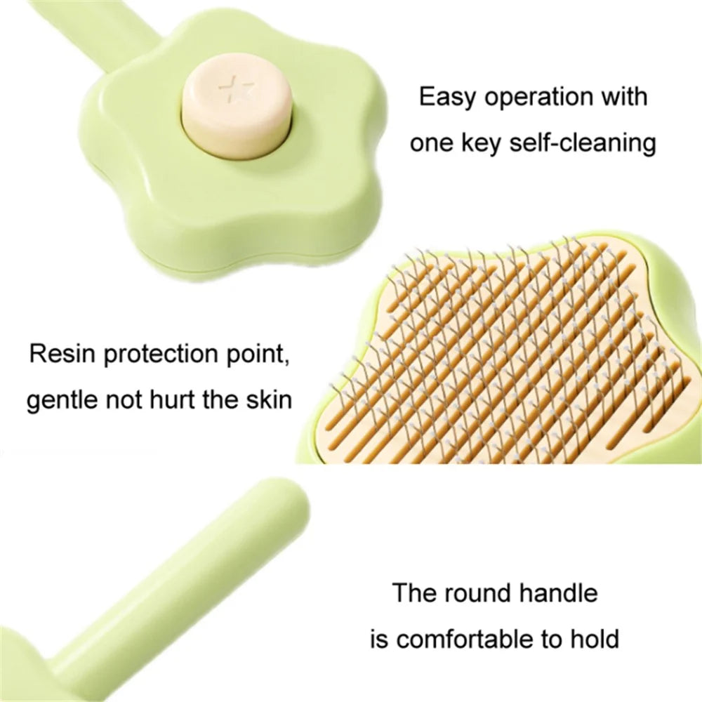 Star Shape Dog Cat Grooming Brush Pet Floating Hair Removal Massage Needle Comb with Self Cleaning Button - Green - 7