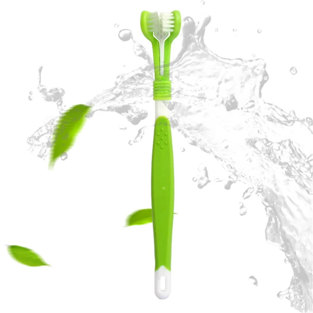 HISTOTREE Pet Dog Cat 3-Head Toothbrush Plastic+Nylon Oral Care Teeth Cleaning Tool (BPA-Free, No FDA Certified) - Olive Green - 3