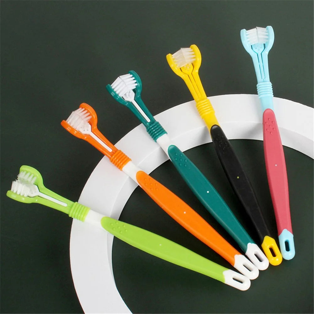 HISTOTREE Pet Dog Cat 3-Head Toothbrush Plastic+Nylon Oral Care Teeth Cleaning Tool (BPA-Free, No FDA Certified) - Olive Green - 5