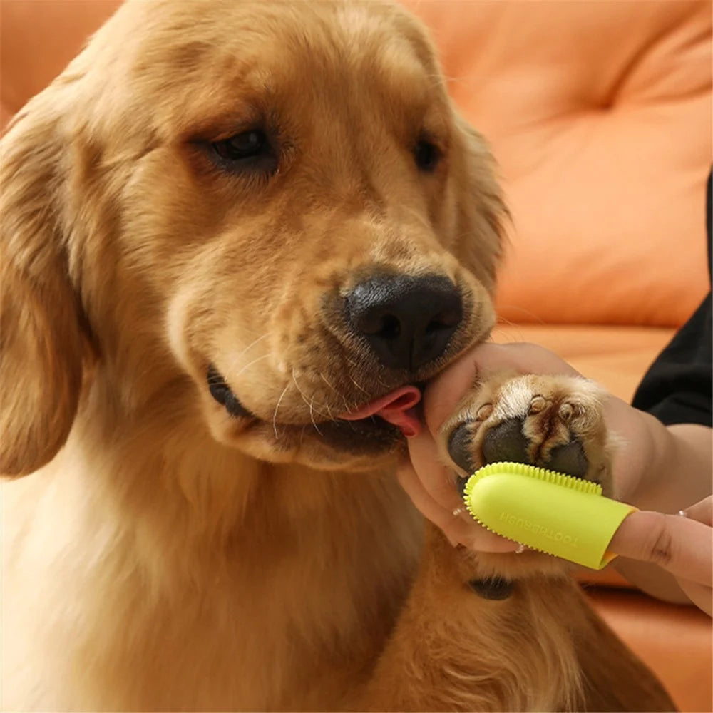 Pet Teeth Cleaning Care Finger Wrap Dog Cat Finger Toothbrush Oral Cleaning Tool - Yellow+Green - 3