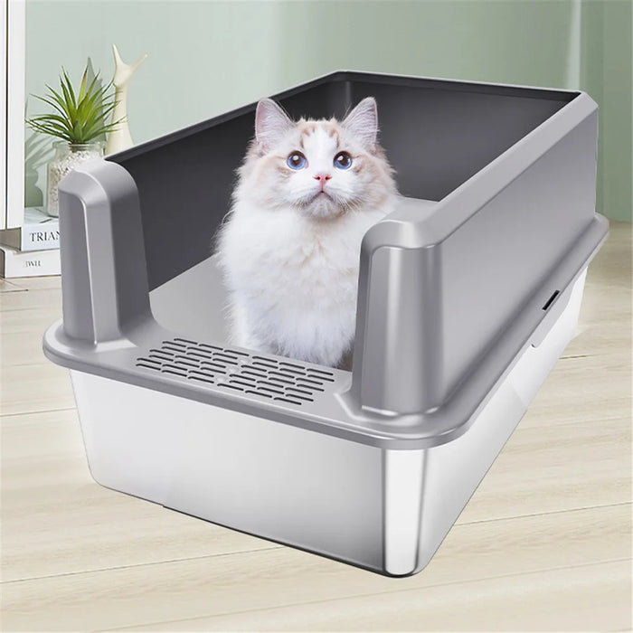 Large Opening Pet Cat Litter Box Anti-splash Stainless Steel+ABS Cat Toilet - Dark Grey - 2