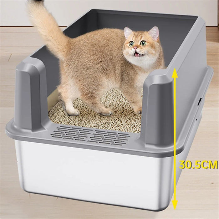 Large Opening Pet Cat Litter Box Anti-splash Stainless Steel+ABS Cat Toilet - Dark Grey - 3