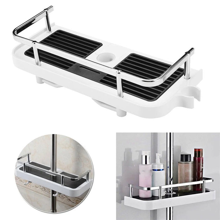 A2241 Bathroom Pole Storage Shelf No Drilling Lifting Bar Shampoo Tray Shower Head Holder with Double Hooks - 1