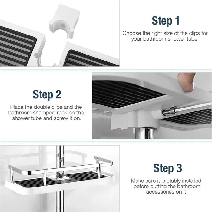 A2241 Bathroom Pole Storage Shelf No Drilling Lifting Bar Shampoo Tray Shower Head Holder with Double Hooks - 4