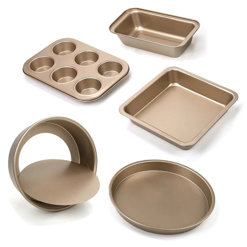 5Pcs Non-Stick Kitchen Bakeware Carbon Steel Baking Pizza Pan Cake Tray Set, Gold (No FDA, BPA Free) - 1