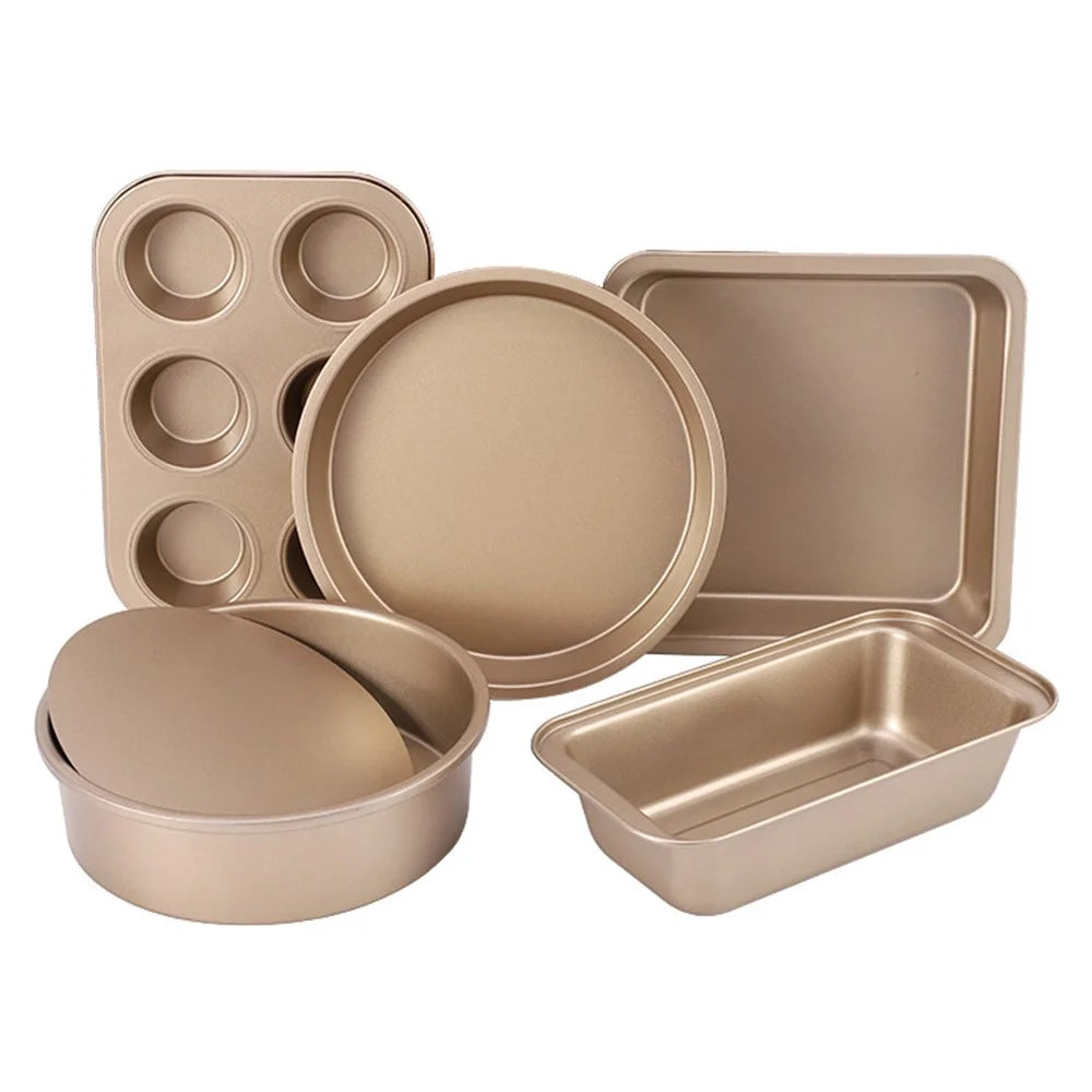 5Pcs Non-Stick Kitchen Bakeware Carbon Steel Baking Pizza Pan Cake Tray Set, Gold (No FDA, BPA Free) - 2