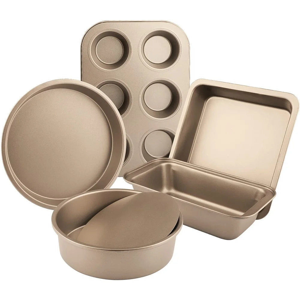 5Pcs Non-Stick Kitchen Bakeware Carbon Steel Baking Pizza Pan Cake Tray Set, Gold (No FDA, BPA Free) - 3