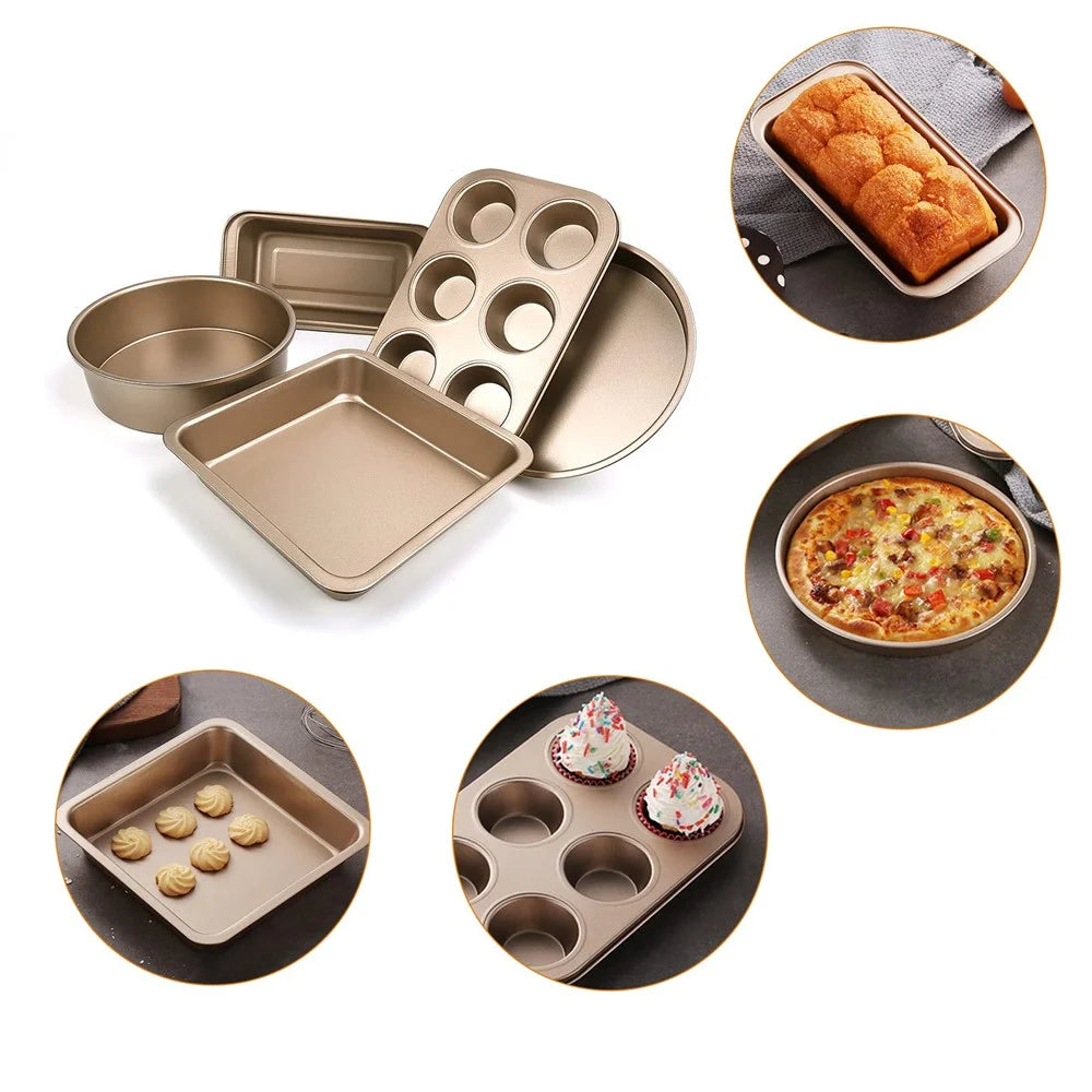 5Pcs Non-Stick Kitchen Bakeware Carbon Steel Baking Pizza Pan Cake Tray Set, Gold (No FDA, BPA Free) - 4