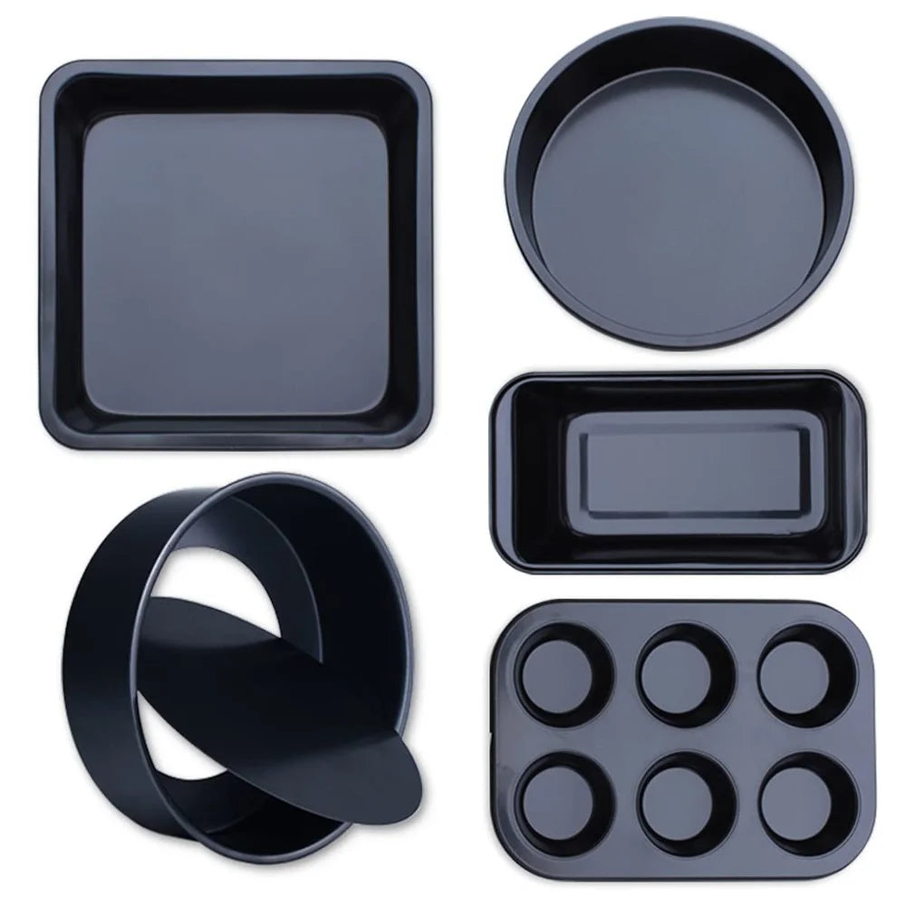 5Pcs Non-Stick Kitchen Bakeware Carbon Steel Baking Pizza Pan Cake Tray Set, Black (No FDA, BPA Free) - 1