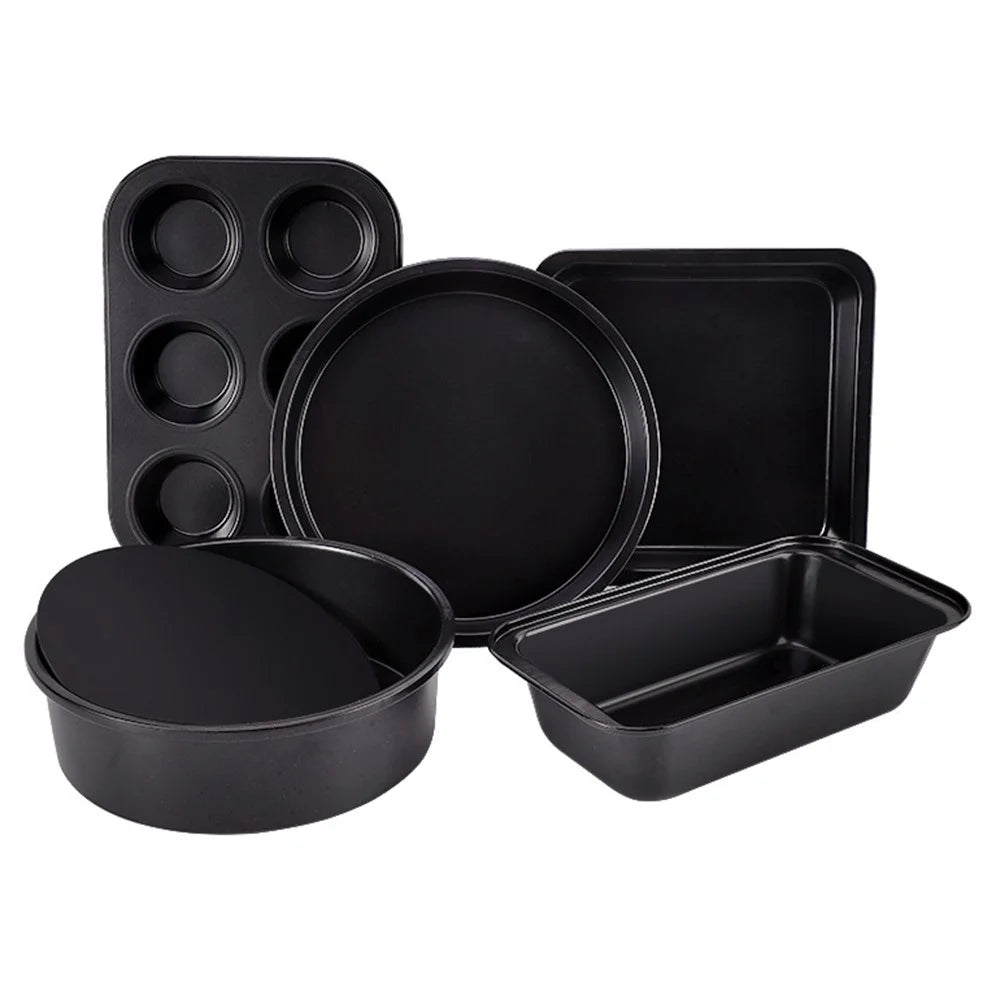 5Pcs Non-Stick Kitchen Bakeware Carbon Steel Baking Pizza Pan Cake Tray Set, Black (No FDA, BPA Free) - 2