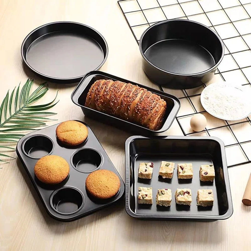 5Pcs Non-Stick Kitchen Bakeware Carbon Steel Baking Pizza Pan Cake Tray Set, Black (No FDA, BPA Free) - 3