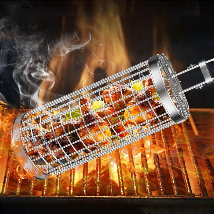 Stainless Steel Grill Basket with Wood Handle Scald Proof BBQ Rolling Grilling Basket (BPA Free, No FDA) - 2