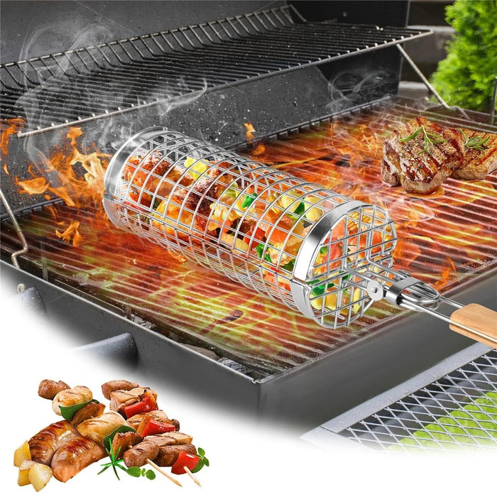 Stainless Steel Grill Basket with Wood Handle Scald Proof BBQ Rolling Grilling Basket (BPA Free, No FDA) - 3