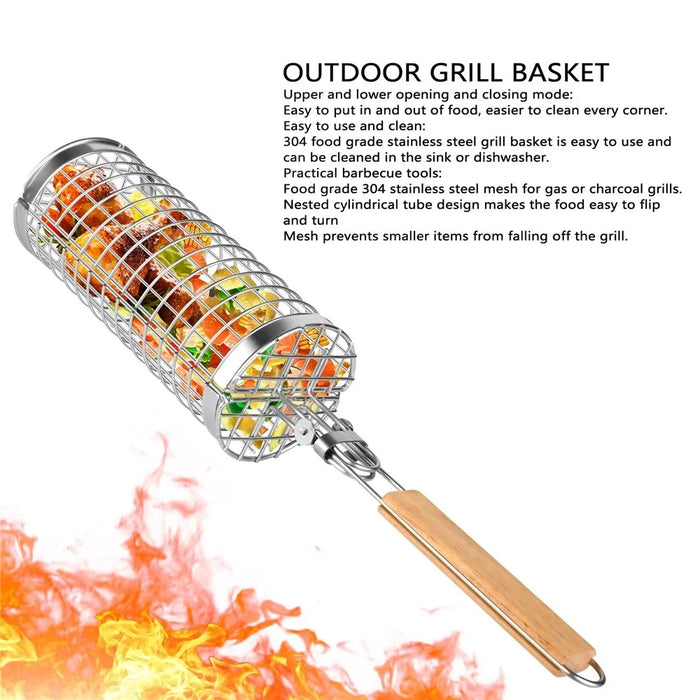 Stainless Steel Grill Basket with Wood Handle Scald Proof BBQ Rolling Grilling Basket (BPA Free, No FDA) - 4