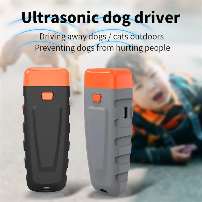 Ultrasonic Anti Barking Dog Trainer Portable Rechargeable LED Flash Pet Gift Training Tool - Black+Orange - 5