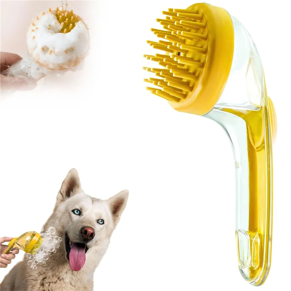 Pet Grooming Brush Long Handle Liquid Dispenser Bath Massage Tool for Dogs Cats Cleaning Shampooing - Yellow / Thick Bristles - 1
