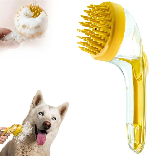 Pet Grooming Brush Long Handle Liquid Dispenser Bath Massage Tool for Dogs Cats Cleaning Shampooing - Yellow / Thick Bristles - 1