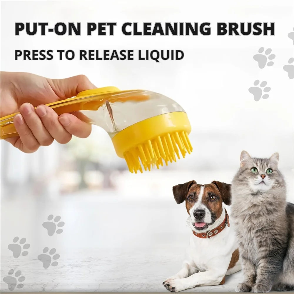 Pet Grooming Brush Long Handle Liquid Dispenser Bath Massage Tool for Dogs Cats Cleaning Shampooing - Yellow / Thick Bristles - 2