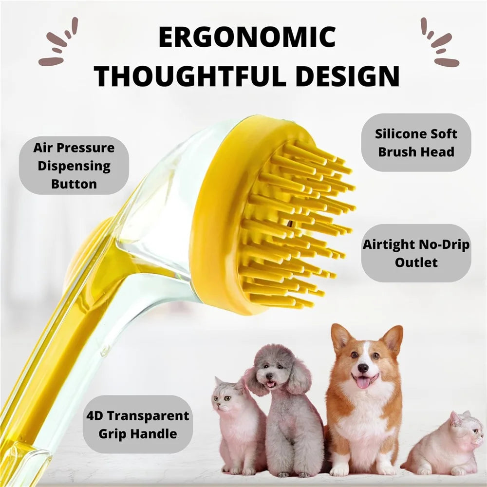 Pet Grooming Brush Long Handle Liquid Dispenser Bath Massage Tool for Dogs Cats Cleaning Shampooing - Yellow / Thick Bristles - 3