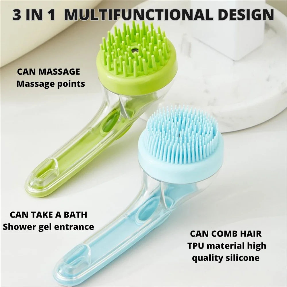 Pet Grooming Brush Long Handle Liquid Dispenser Bath Massage Tool for Dogs Cats Cleaning Shampooing - Yellow / Thick Bristles - 4