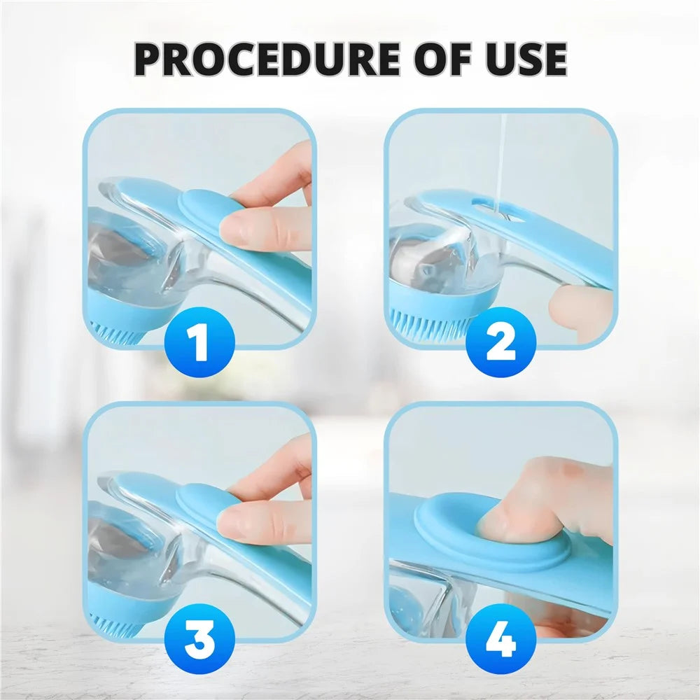 Pet Grooming Brush Long Handle Liquid Dispenser Bath Massage Tool for Dogs Cats Cleaning Shampooing - Yellow / Thick Bristles - 5
