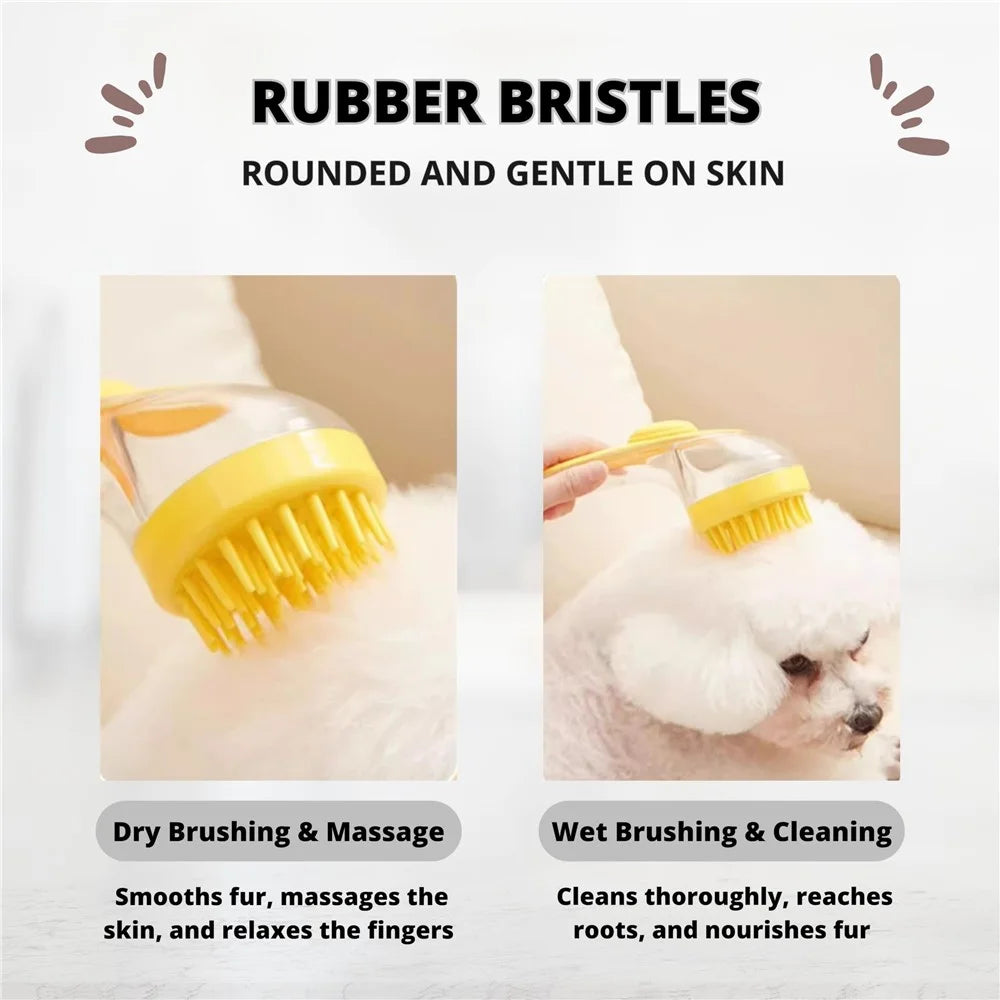 Pet Grooming Brush Long Handle Liquid Dispenser Bath Massage Tool for Dogs Cats Cleaning Shampooing - Yellow / Thick Bristles - 6